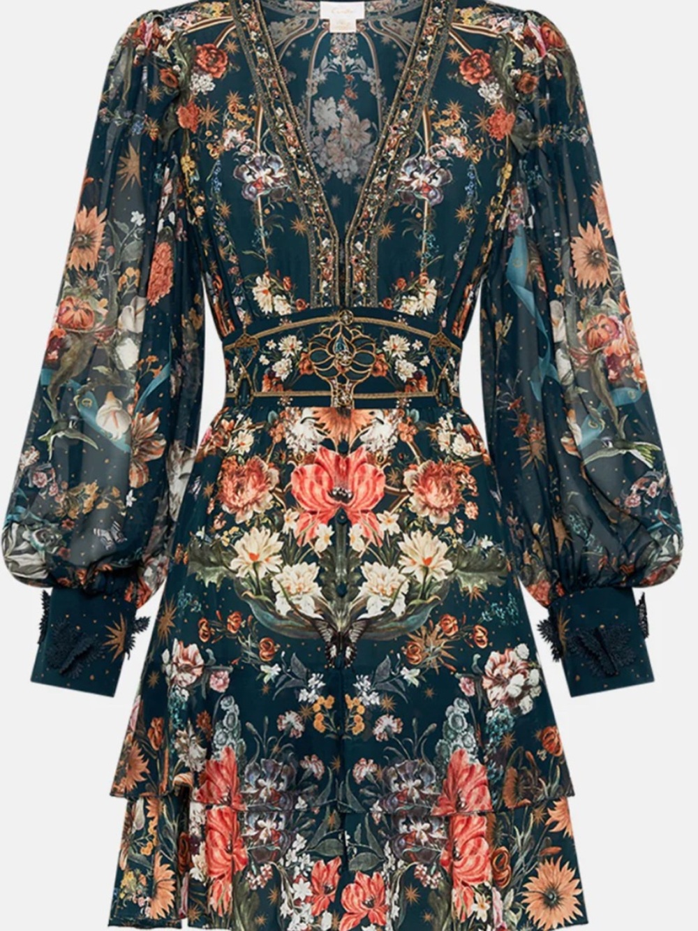 Camilla Floral V-Neck Tiered Mini Dress in Teal Floral